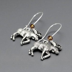 MOOSE Silver Small Charm Earrings, Rustic Brown Earring, Woodland Jewelry, Adirondack Jewelry, North Country Jewelry, Handmade Gift