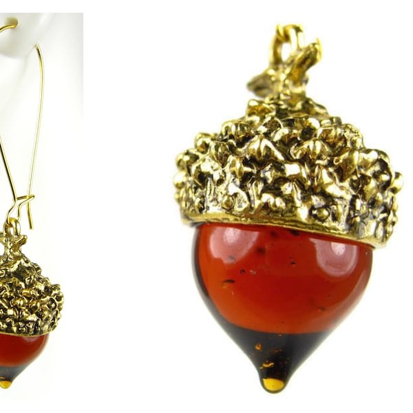 MURANO ACORN 18K Gold Earrings, Brown Glass Oak Tree Nut | Forest Ecology | Dendrology | 3D Woodland Jewelry, Botanist... Biologist's GIFT