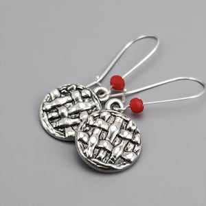 LATTICE PIE Silver Small Dangling Charm Earrings, Red Crystal Bead Earrings, 3D Round Whole Pie, Pastry, Bakery Jewelry, Handmade Gift