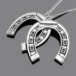 May include: Two silver-colored horseshoe earrings. Each horseshoe is adorned with a series of small, square-shaped designs along its curve. The earrings have a simple, elegant design, perfect for everyday wear.