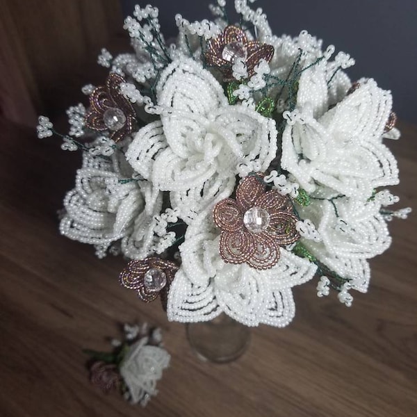 French beaded handmade wedding bouquet and matching boutonniere