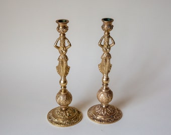 Antique Brass Goddess Candle Stick Holders - 20th Century Pair