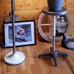 May include: A vintage industrial style floor lamp with a metal shade and a white base. The lamp is on and illuminating a room with wooden walls. A potted plant with pink flowers sits on a small metal stool with a round top and three legs. A framed print of a pink bird is on the wall behind the lamp.