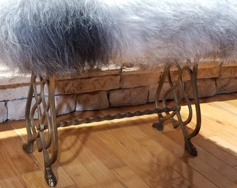 Antique Silver-Gilt iron Bench Ottoman Rare Soft Silver Sheep Fur  Long-Haired Sheep Fur Bench Rare Custom Sheep Fur Ottoman