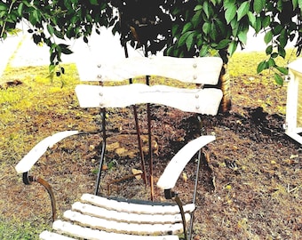 Antique French Wide Country Garden Slated Iron Wood Chair  1880 French Wood Iron Garden Armchair French Lawn Chair Strong Heavy