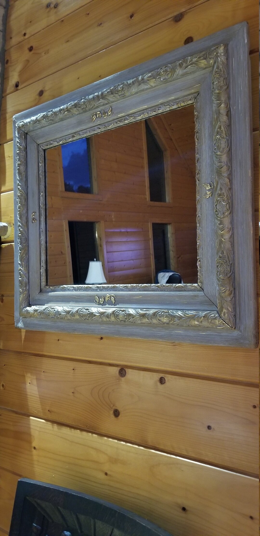 Antique Rustic Weathered Silver Gray Wood Mirror With Raised Ornate