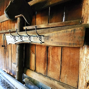 Antique 1800s Black French Iron 200 Year Old Live Edge Walnut Wall Coat Rack With Four French Iron Double Hooks