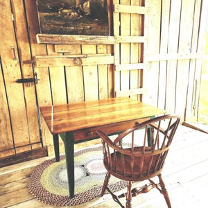 Authentic Painted Pine Splayed Leg 1860s Three Plank Square Nail Table With Large Drawer With Orginal Carved wood Knobs