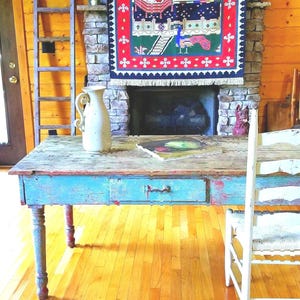 A +Primitive+ RaRE 19th C Farm Preparation Table Primitive Purity Original Paint Pine/Sycamore Scrub Top Two plank Farmhouse Kitchen Island