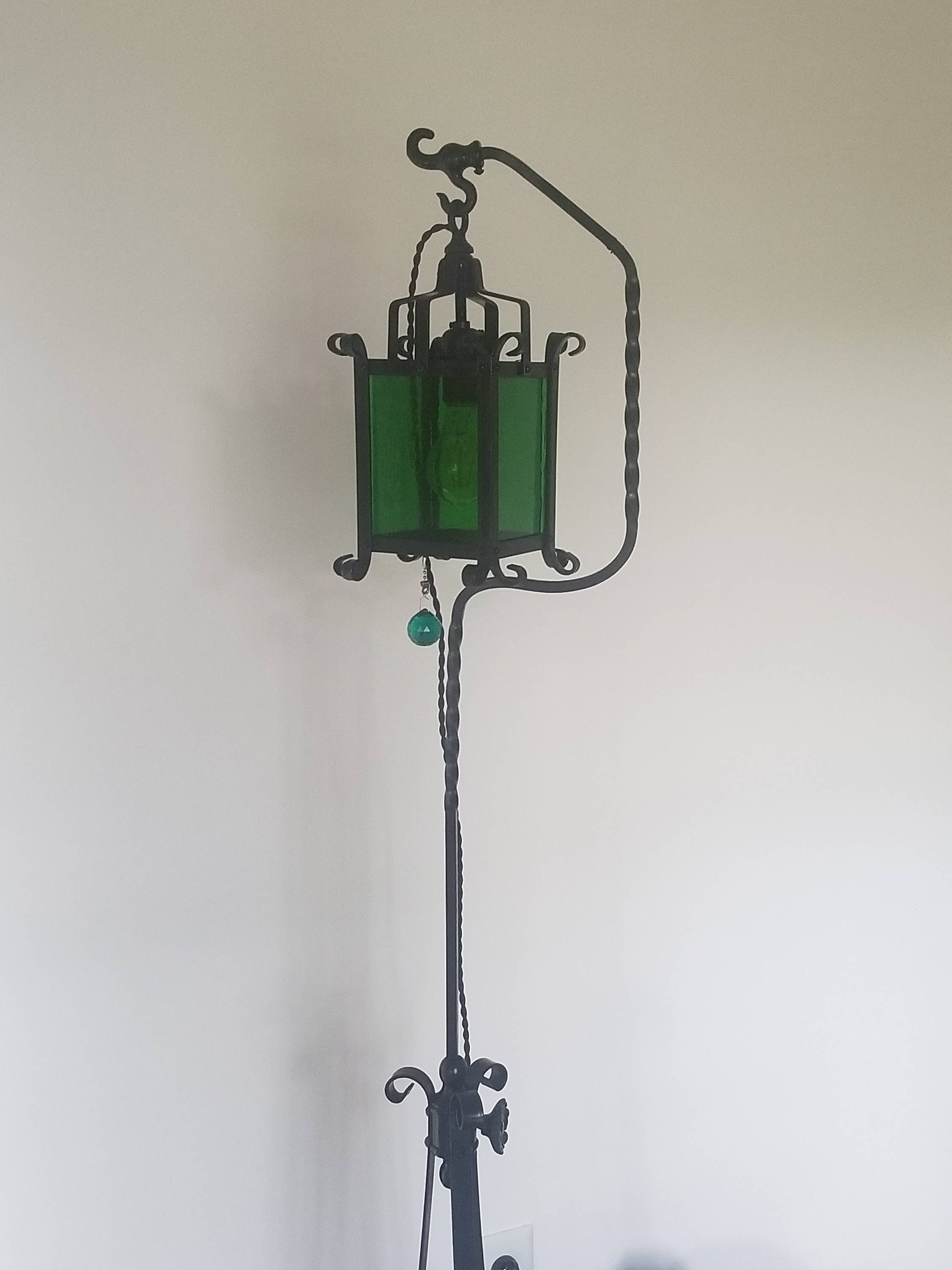 Antique French Iron 1920 S Black Wrought Floor Lamp Graceful Tripod Base W Ball Original Elegant Rustic Seeded Stained Glass