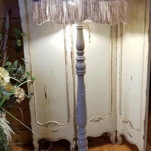 SALE *Vintage Custom Frenchy Lamp Shade with Porcelain Ceramic Heavy Designer French Beige Floor Lamp With Fleur Spray Lamp Pole