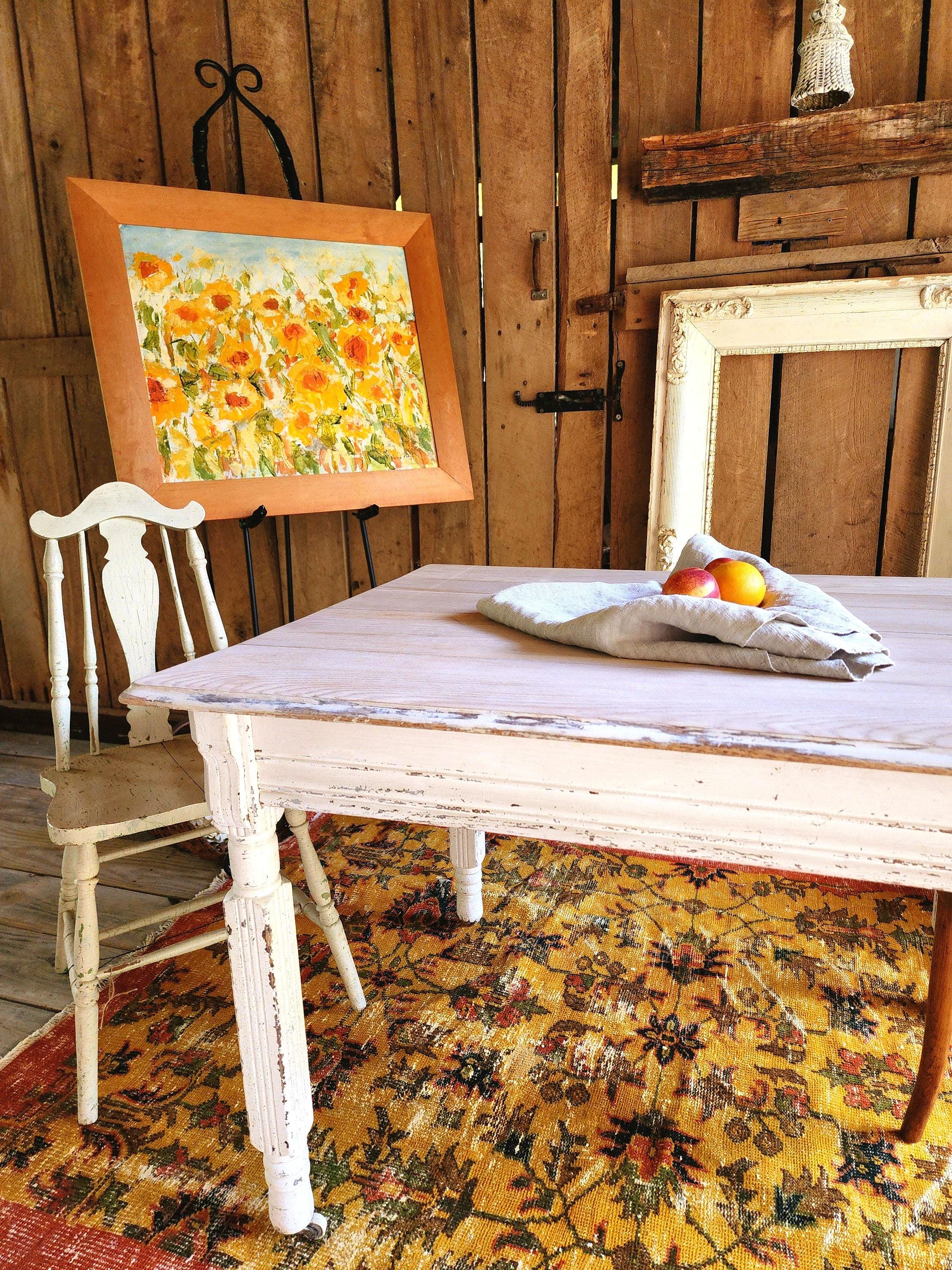 コンクリートヴィンテージテーブル Antique Primitive 1800s Bleached Top White 5 Plank Farmhouse Table