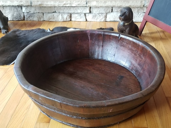 1*Primitive European Antique 1910-1920's Rare Wood Bowl With Authentic French Gray/White Linen Stripe Ticking + 100% Waterproof Liner