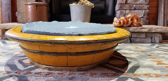 1****Antique Rare 1800s Authentic Lacquered Wood Bowl With French Hemp Flax Linen Embrodered Dog Bed