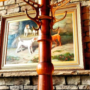 1***Rare Antique Turned Oak Wood Barber Shop Hall Tree 1891 Umbrella Hall Tree with 9 Iron Intricate Iron Hooks Umbrella Rests