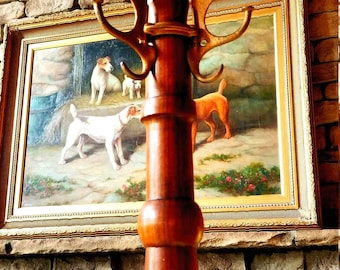1***Raro perchero antiguo de madera de roble torneado para barbería, de 1891, con 9 ganchos de hierro intrincados y reposaparaguas.