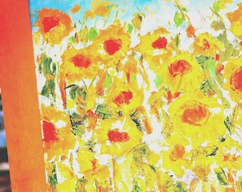 Girasoles vintage en el jardín, pintura al óleo original firmada por la artista polaca, colección privada, Beata-Giza Kwiecien, pintura de verano.