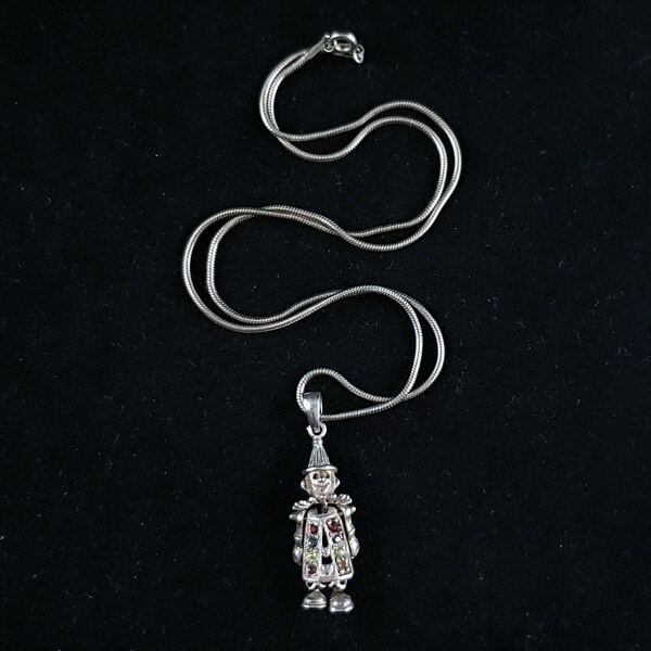 vintage Bejewelled/Bejeweled Gemstone Set Articulated Clown Silver Pendentif Collier, Bijoux/Bijoux, Cadeau