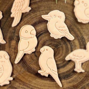 May include: A collection of seven light tan, flat, bird-shaped cutouts made of leather. Each piece features engraved outlines of different bird species, including parrots, a cockatoo, a kookaburra, and an ibis, arranged in a scattered formation.