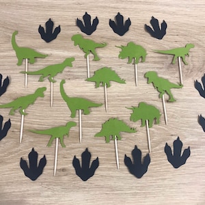 12 x Dinosaur cupcake decorations with dino footprints