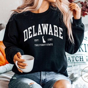 May include: Black sweatshirt with the word "DELAWARE" in white block letters. Below the word "DELAWARE" is "EST. 1787 THE FIRST STATE". The sweatshirt is a crew neck style. The words "Little Swan Crafts" and the word "Black" are also visible.