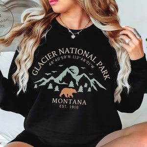 Glacier National Park Sweatshirt, Montana Mountains Bear Crewneck Pullover