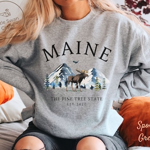 Maine Sweatshirt, Pine Tree State Moose Crewneck Pullover - Unisex