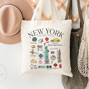 New York Tote Bag, Big Apple Canvas Market Bag, %100 Cotton Natural Shopping Bag