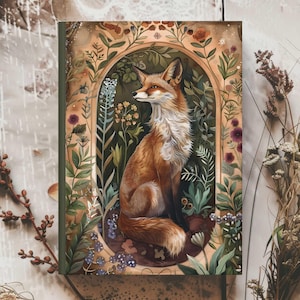 May include: A red fox sits in a lush green forest scene, surrounded by flowers and foliage. The fox is looking to the left, with its tail curled around its body. The background is a soft green and brown, with a hint of gold.