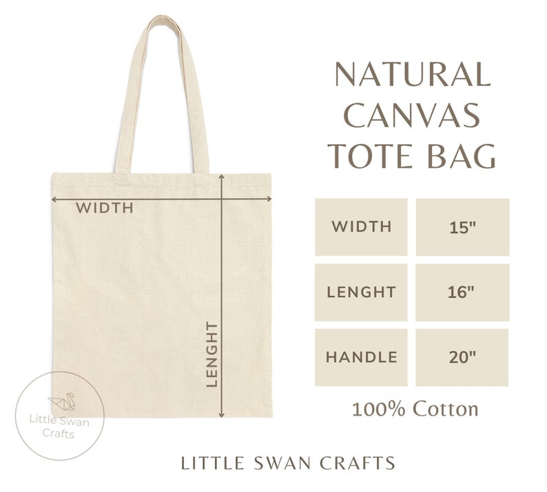 May include: Natural canvas tote bag with a 15 inch width, 16 inch length, and 20 inch handles. The bag is made of 100% cotton.