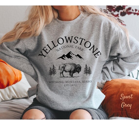 Style vintage, motif buffle de Yellowstone sur sweat-shirt ras du cou en mélange épais noir, parc national de Yellowstone, motif animal de buffle - France