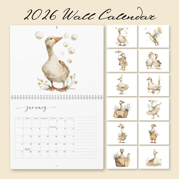 2026 Silly Goose Watercolor Wall Calendar, Nursery Decor