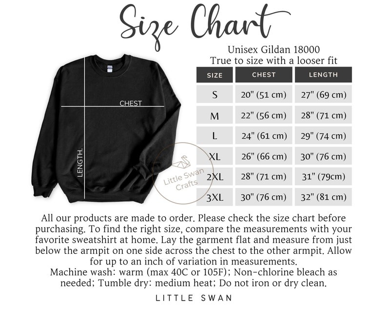 May include: Size chart for a unisex Gildan 18000 sweatshirt. The chart shows the chest and length measurements in inches and centimeters for sizes S, M, L, XL, 2XL, and 3XL. The text states that the fit is true to size with a looser fit.