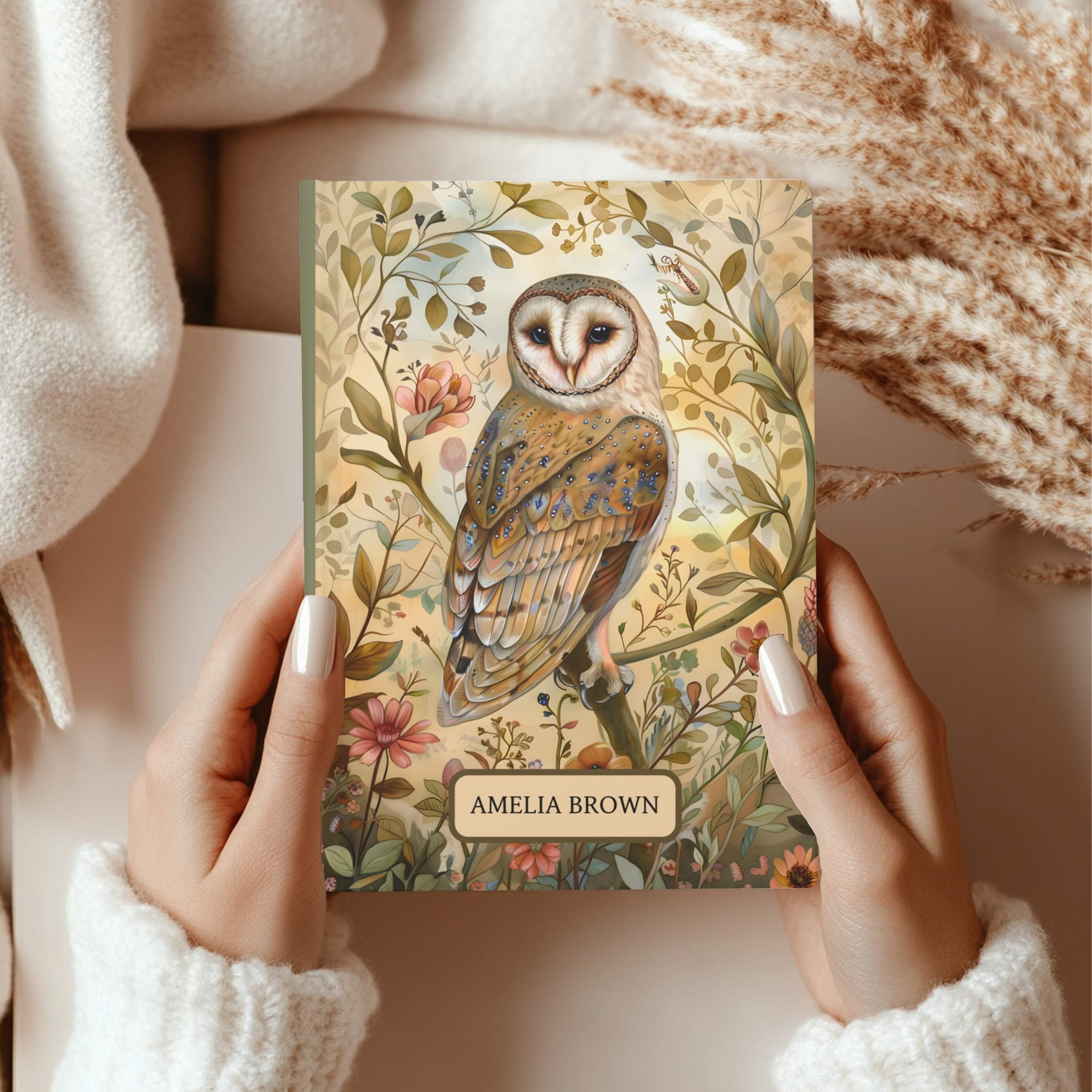 Owl Journal, Custom Whimsical Forest Notebook, 150 Lined Pages Floral Hardcover Diary