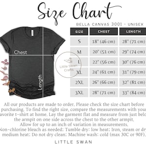 May include: A size chart for Bella Canvas 3001 unisex t-shirts. The chart shows chest and length measurements in inches and centimeters for sizes S, M, L, XL, 2XL, and 3XL.