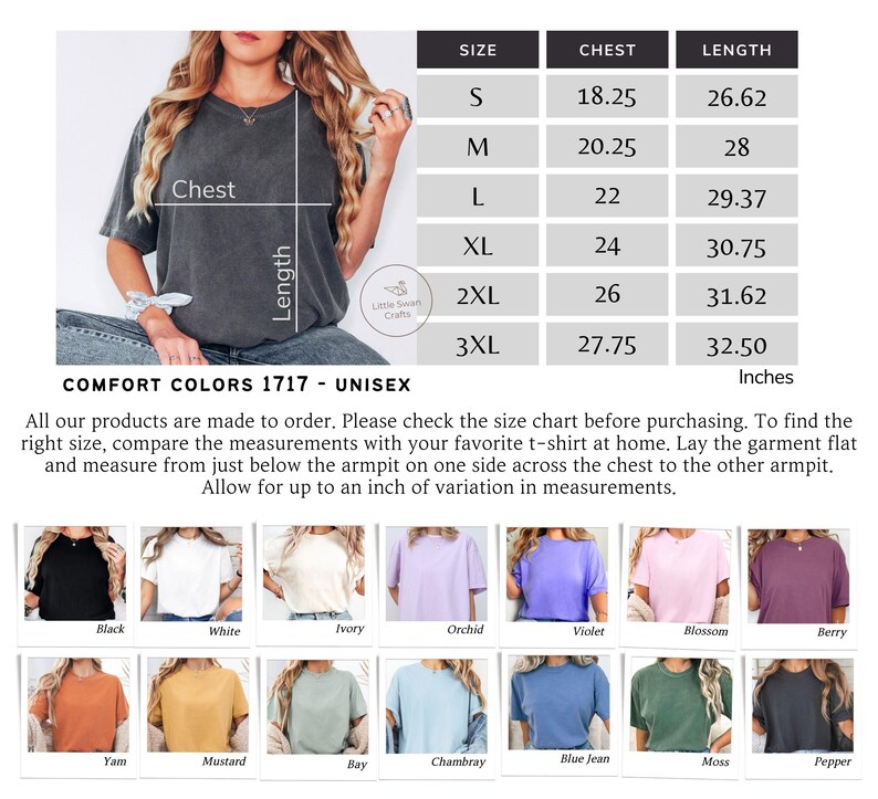 Pode incluir: Tabela de tamanhos para camisetas unissex Comfort Colors 1717, com medidas de peito e comprimento em polegadas. A tabela inclui tamanhos de S a 3XL. A imagem tamb&eacute;m exibe uma variedade de cores de camisetas.