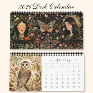 May include: A 2026 desk calendar with a spiral binding. The top half features illustrations of women and a butterfly amidst floral designs. The bottom half shows an owl and the month of January with a calendar grid.