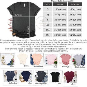 May include: Unisex Bella Canvas 3001 t-shirt size chart with measurements in inches and centimeters. The chart shows chest and length measurements for sizes S through 3XL. The image also shows a variety of t-shirt colors, including white, natural, heather peach, pink, heather mauve, athletic heather, heather navy, navy, dark grey heather, black, and maroon.
