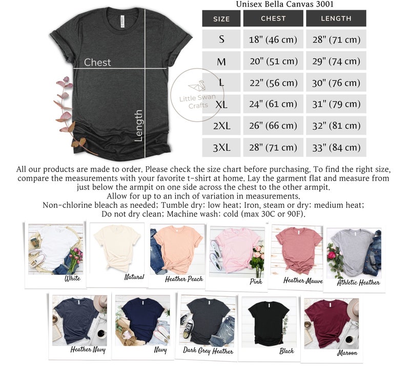 May include: A size chart for unisex t-shirts, showing different sizes and corresponding chest and length measurements in inches and centimeters. The chart also includes a list of available colors for the t-shirts, including white, natural, heather peach, pink, heather mauve, athletic heather, heather navy, navy, dark grey heather, black, and maroon.