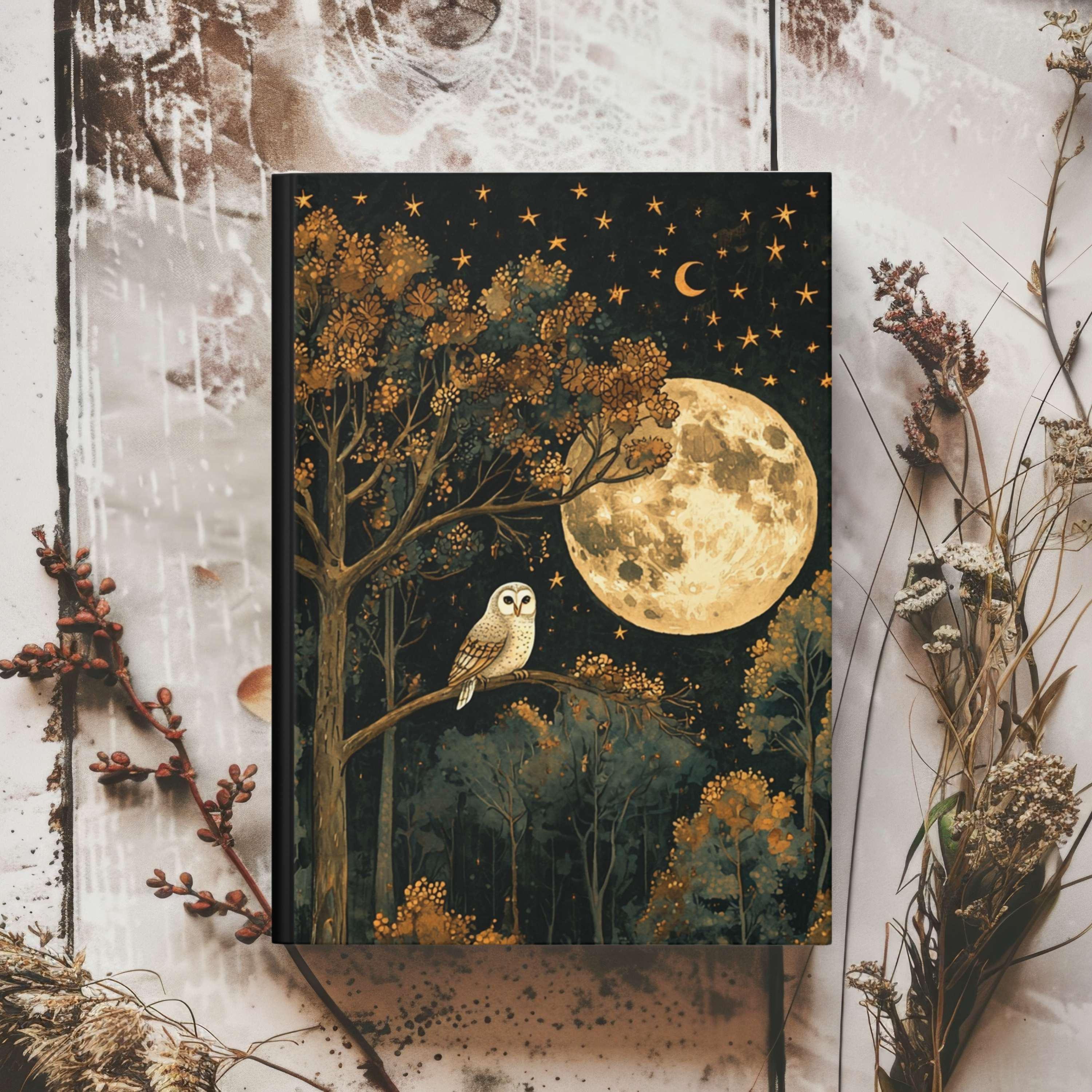 Owl Notebook, Whimsical Forest Journal, Full Moon Lined Pages Hardcover Diary