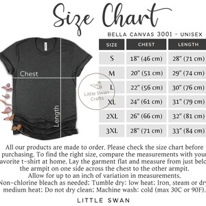 Puede incluir: Una tabla de tallas para camisetas unisex Bella Canvas 3001. La tabla muestra las medidas de pecho y longitud en pulgadas y cent&iacute;metros para las tallas S, M, L, XL, 2XL y 3XL.