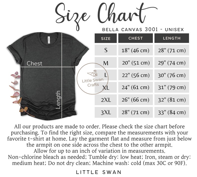 Puede incluir: Una tabla de tallas para camisetas unisex Bella Canvas 3001. La tabla muestra las medidas de pecho y longitud en pulgadas y cent&iacute;metros para las tallas S, M, L, XL, 2XL y 3XL.