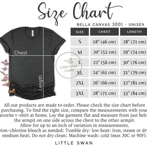 Pode incluir: Tabela de tamanhos para t-shirts unissex, Bella Canvas 3001. A tabela mostra os tamanhos S a 3XL com as medidas de peito e comprimento correspondentes em polegadas e cent&iacute;metros.