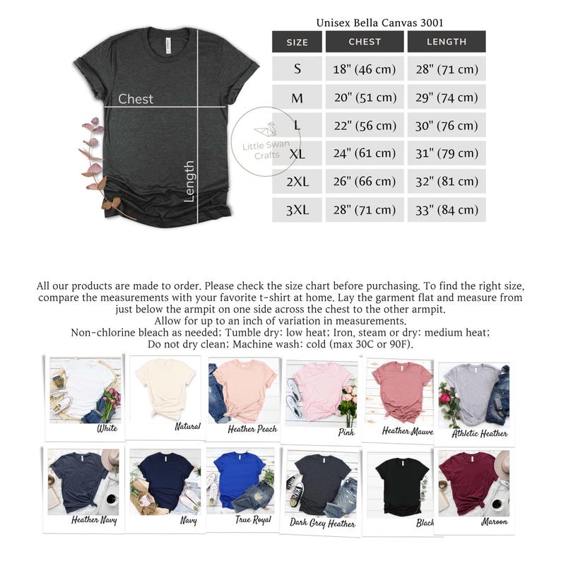 May include: Dark grey unisex t-shirt with a size chart. The chart shows chest measurements from 46 cm to 71 cm and lengths from 71 cm to 84 cm. Various t-shirt colours are displayed, including white, navy, and black.