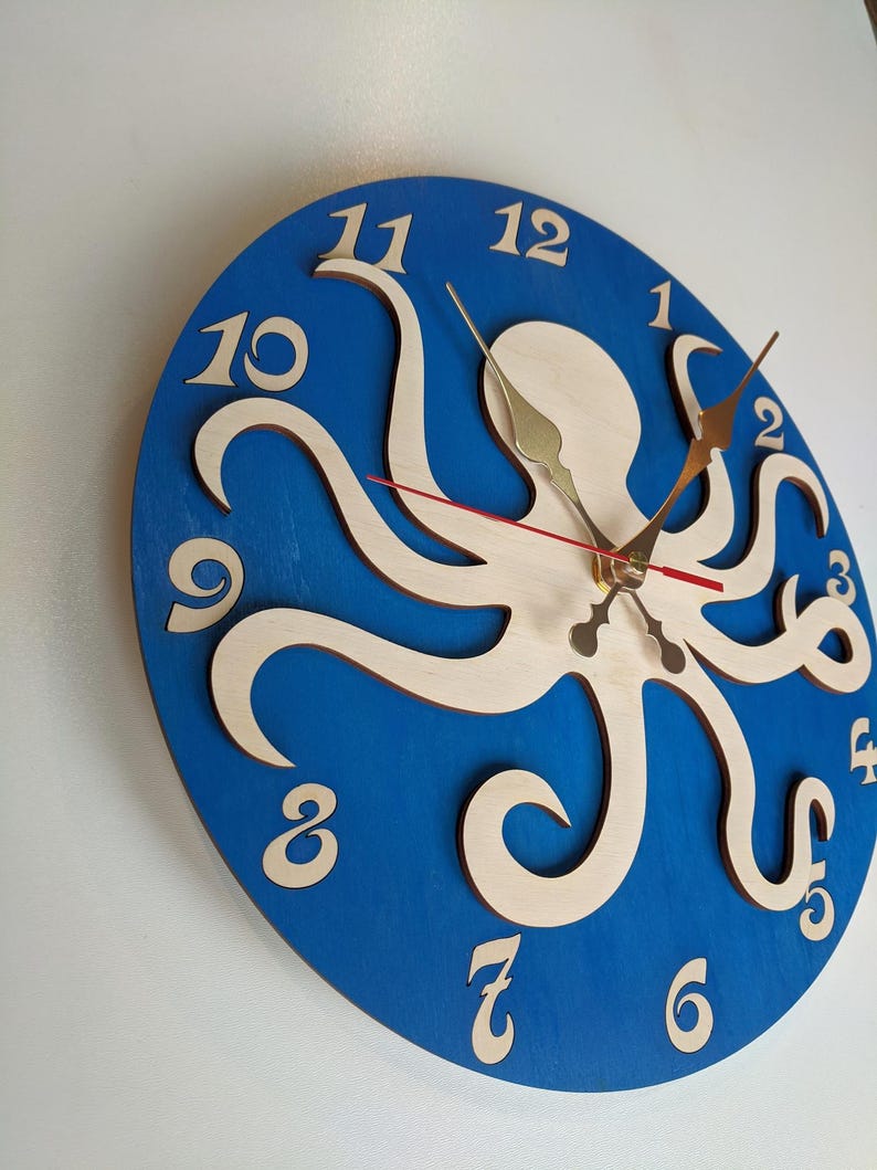 Octopus Wood Wall Clock 11-16 inch, Clock with Numbers, Clock for Kids Sea Theme Room image 3