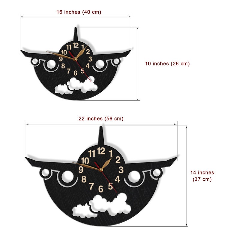 May include: Black wooden aeroplane clock with gold hands and white clouds. The clock measures 16 inches by 10 inches or 22 inches by 14 inches.