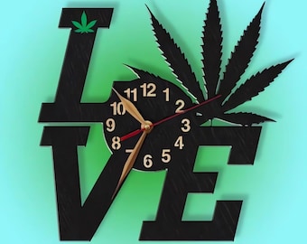 Wall Clock Cannabis Weed Wood Non-ticking LARGE 12-18inch, Marijuana, Hemp Leaf Gift Wall Art Decor