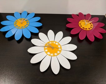 Horloge murale, horloge marguerite au choix de la couleur, anti-tache, gerbera acrylique style milieu du siècle, décoration murale art mural, camomille, horloge fleurie calme