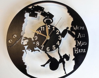 Wall Clock Alice in Wonderland, Wooden Non-ticking LARGE 12 or 18 inches, Rabbit Hole