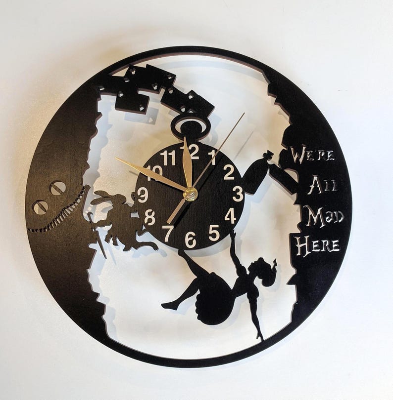Wall Clock Alice in Wonderland, Wooden Non-ticking LARGE 12 or 18 inches, Rabbit Hole image 1